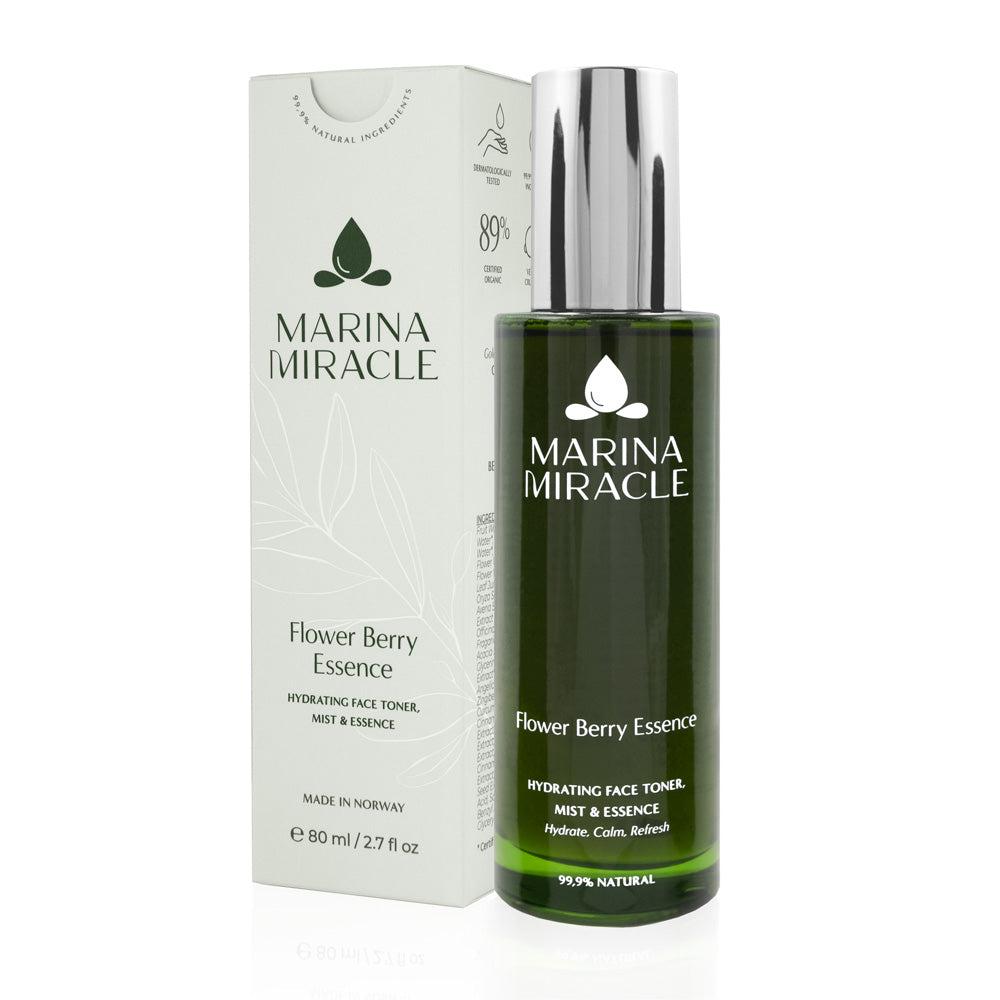 Marina Miracle Flower Berry Essence 80 ml flaske og eske med blomstermotiv