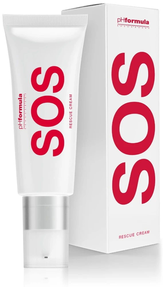 pHformula S.O.S. Rescue Cream 50 ml i hvit tube med pumpebase og eske