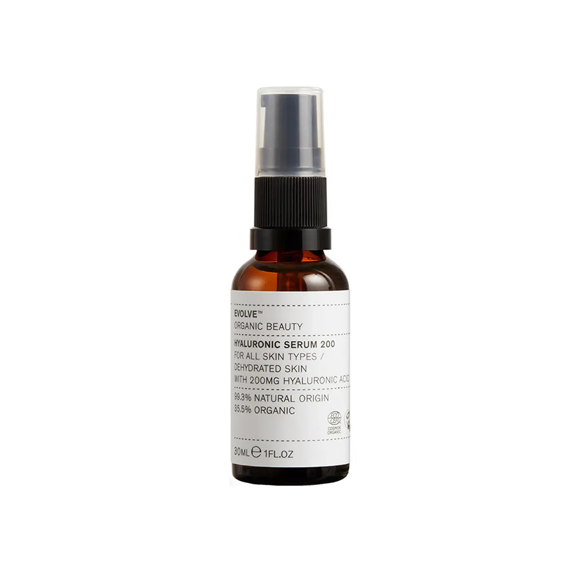 Evolve Hyaluronic Serum 200 30 ml flaske med pipette på hvit bakgrunn