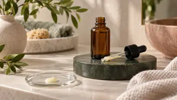Mørk serumflaske med pipette og en liten dråpe serum på glass