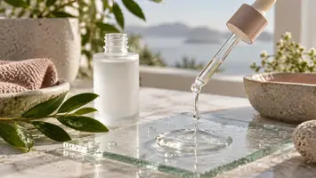 Serumflaske, pipette og klar gel med vanndråper på en glassplate