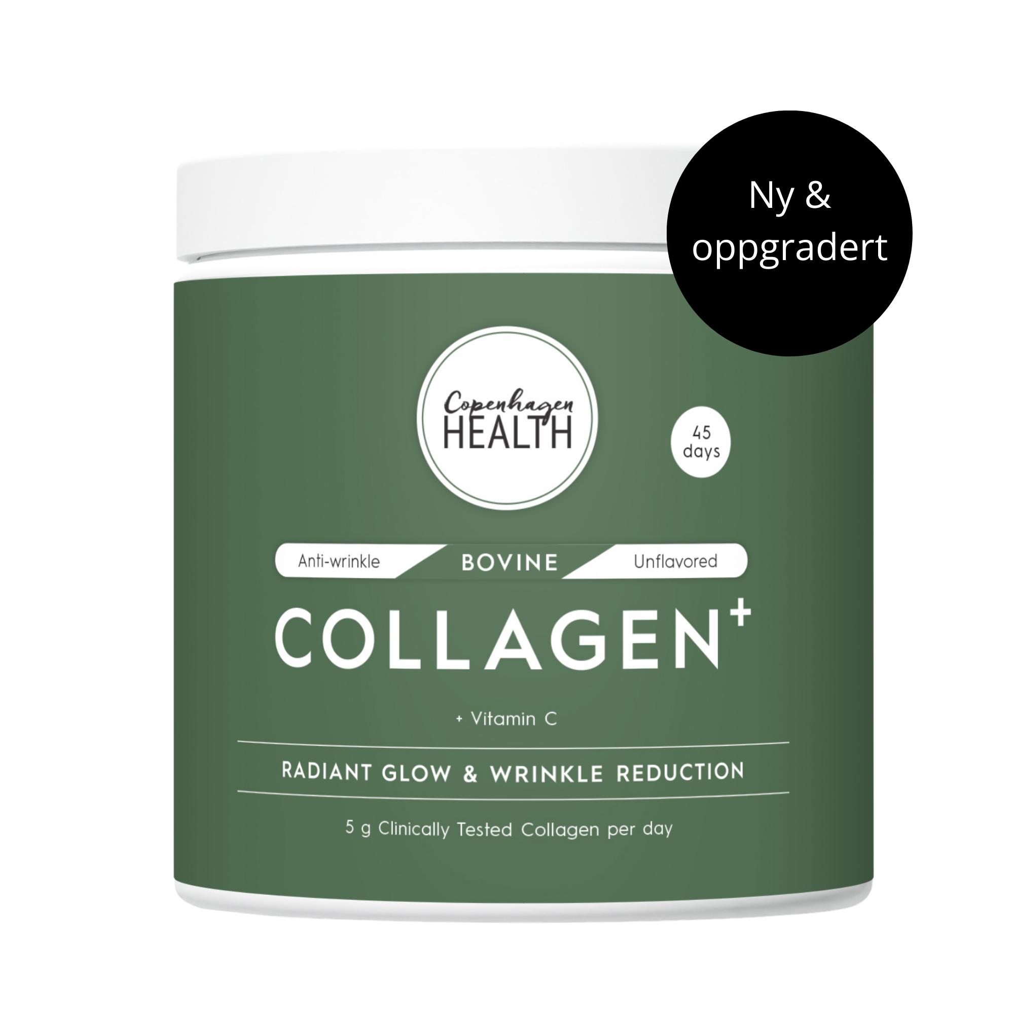 Bovine Collagen Plus pulver fra Copenhagen Health, beige boks med bovint kollagen