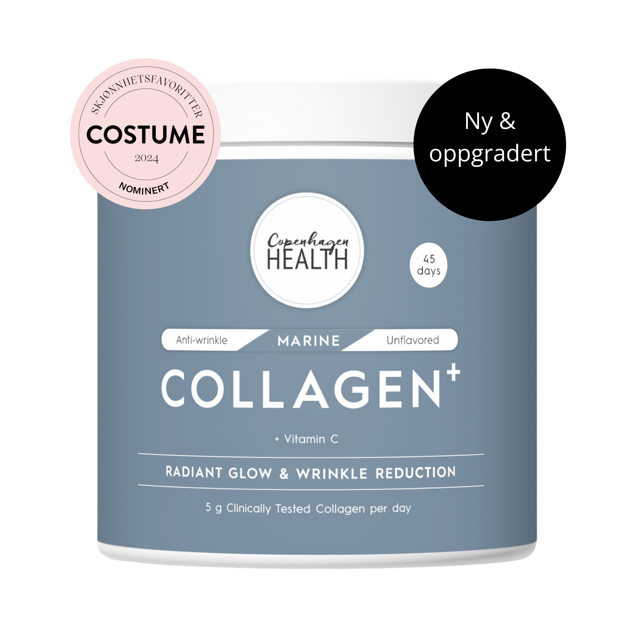 Marine Collagen Plus pulver fra Copenhagen Health, lyseblå boks med 45 dagers forsyning