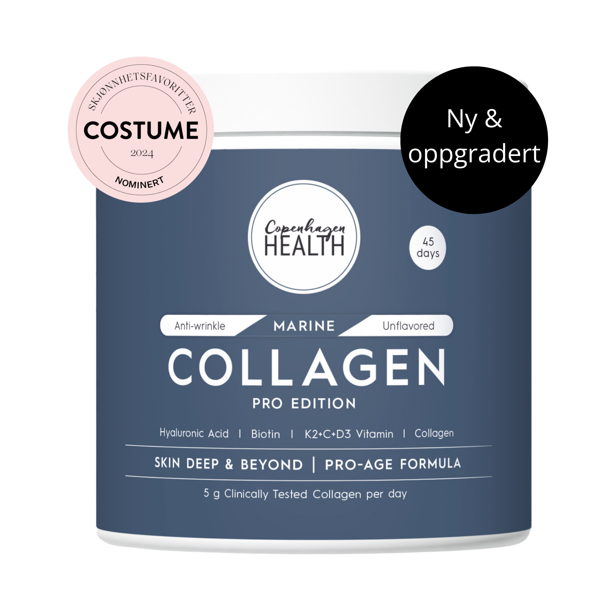 Marine Collagen Pro Edition pulver fra Copenhagen Health, mørk boks med marint kollagen