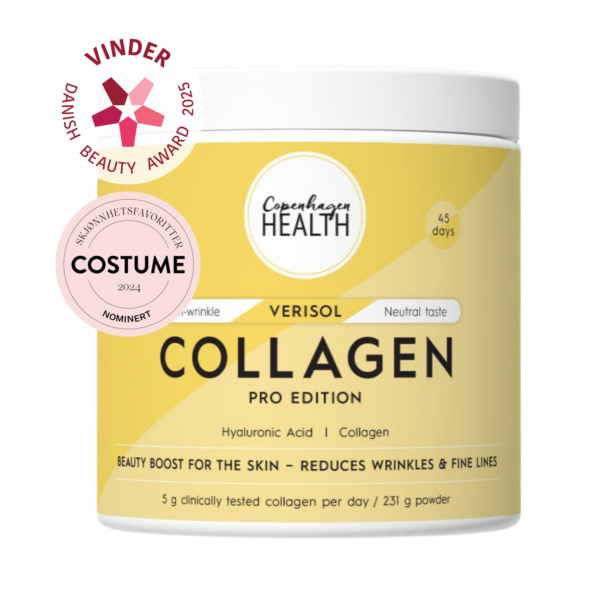 Verisol Collagen Pro Edition pulver fra Copenhagen Health, hvit boks med 45 dagers forsyning