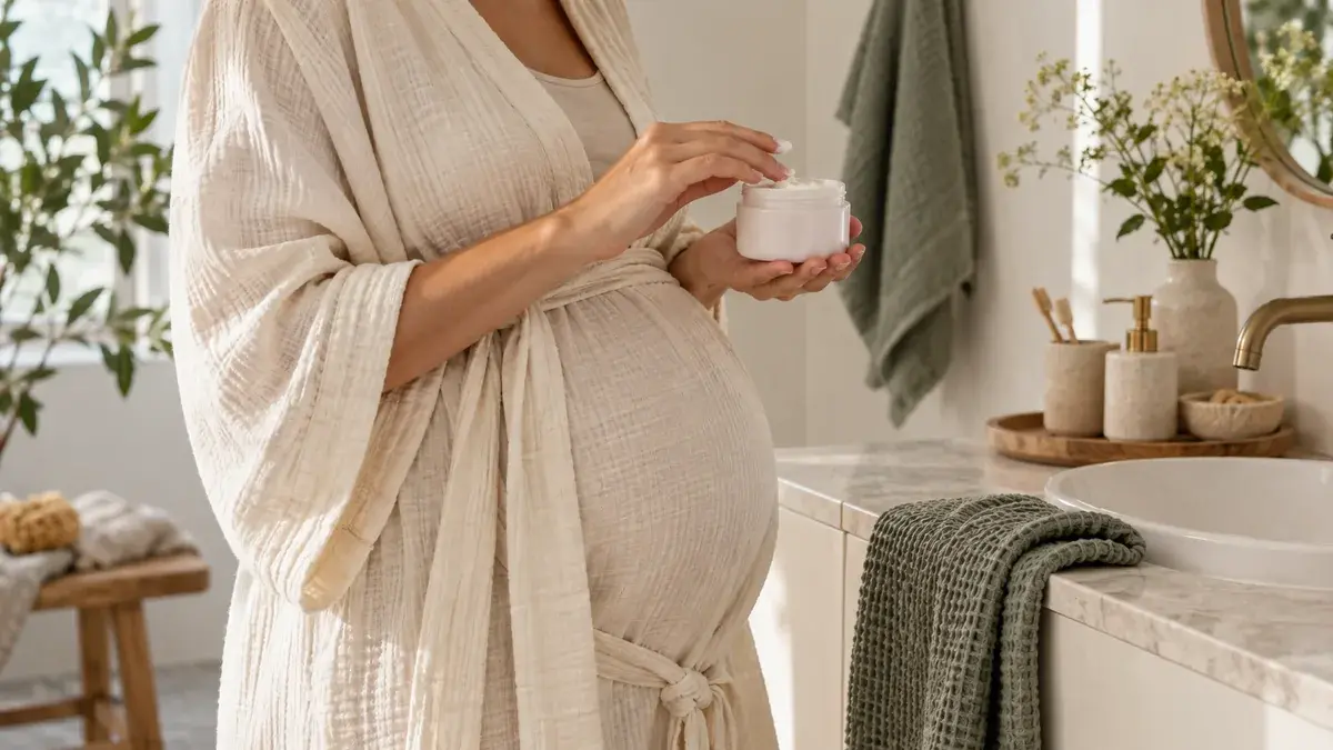 Gravid kvinne i lys morgenkåpe med en enkel kremkrukke