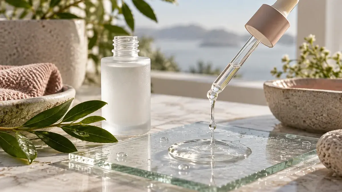 Serumflaske, pipette og klar gel med vanndråper på en glassplate