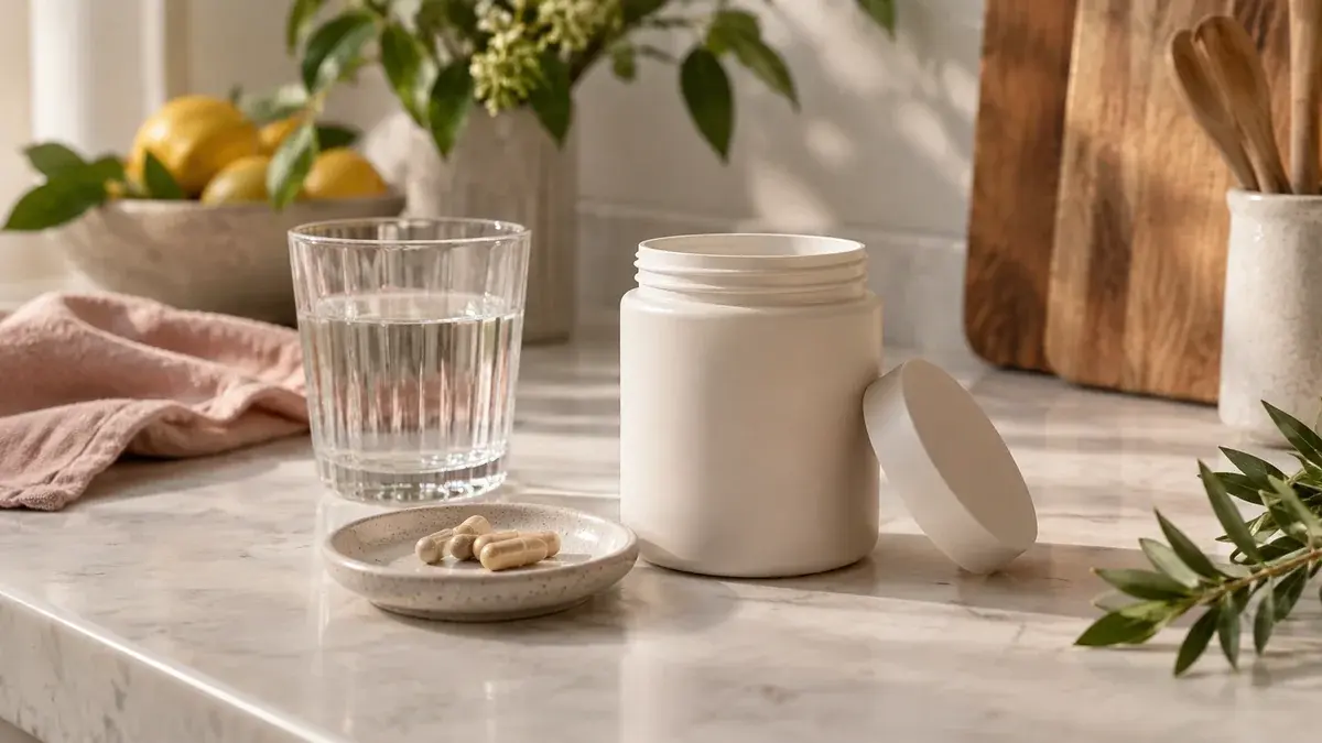 Åpen tilskuddskrukke, kapsler på et fat og et glass vann