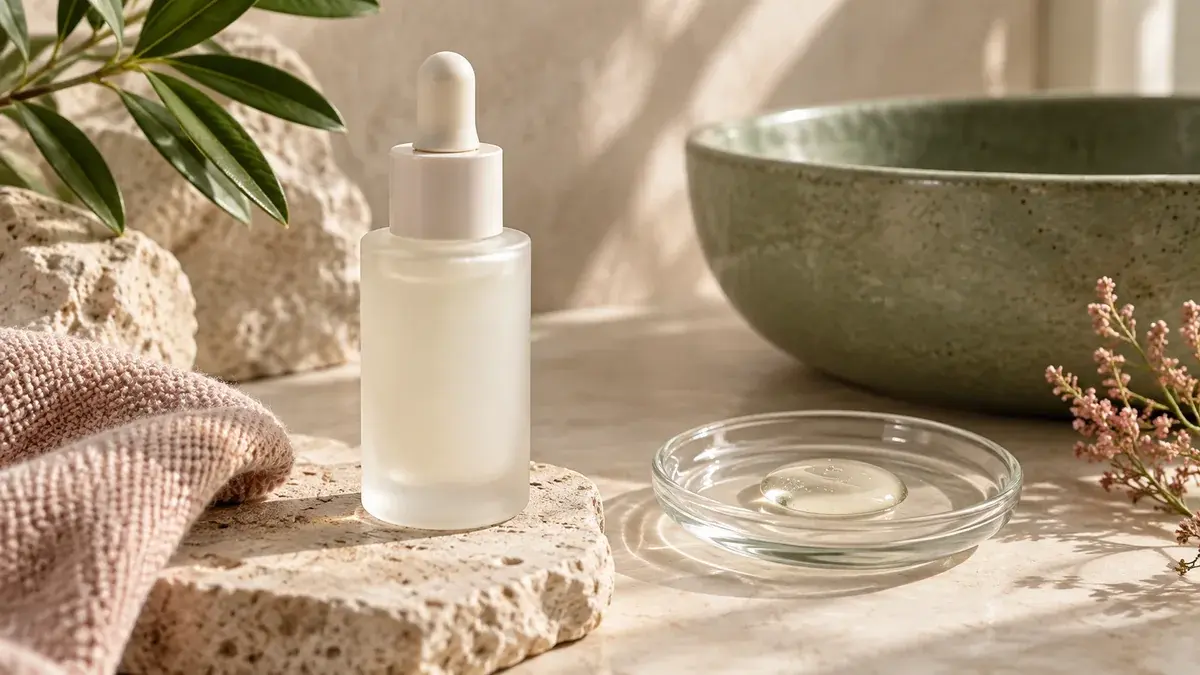 Frostet serumflaske og en dråpe serum i en liten glasskål