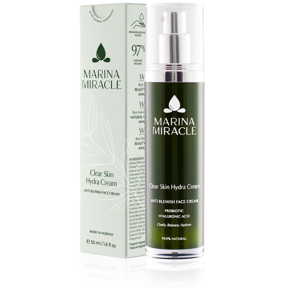 Marina Miracle Clear Skin Hydra Cream 50 ml med eske, lett fuktighetskrem for fet og kombinert hud